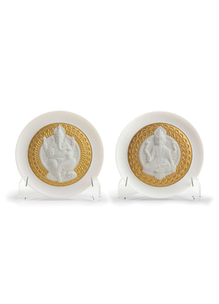 Goddess Lakshmi and Lord Ganesha Decorative Plates Set. Golden Lustre in Lladró